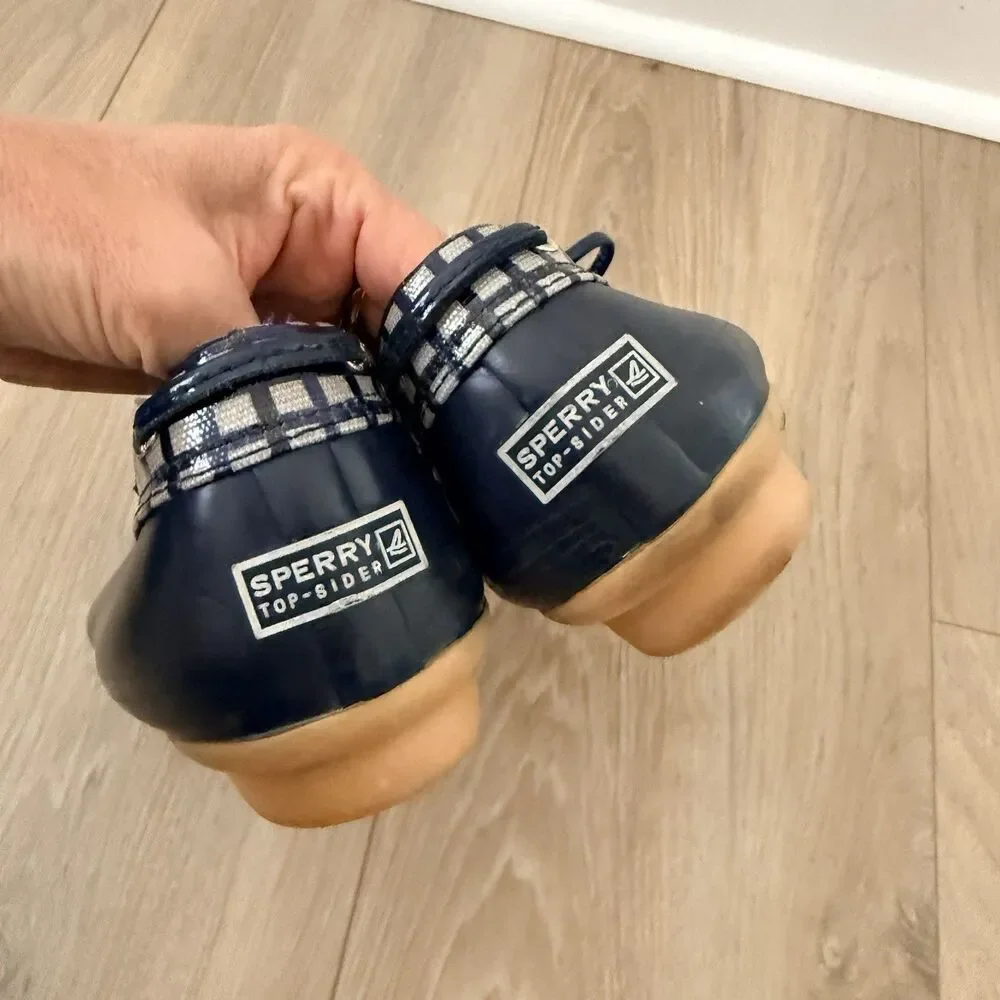 SPERRY Top-Sider Plaid Rubber Leather Duck Boots H10-CH373 Womens 10 Navy